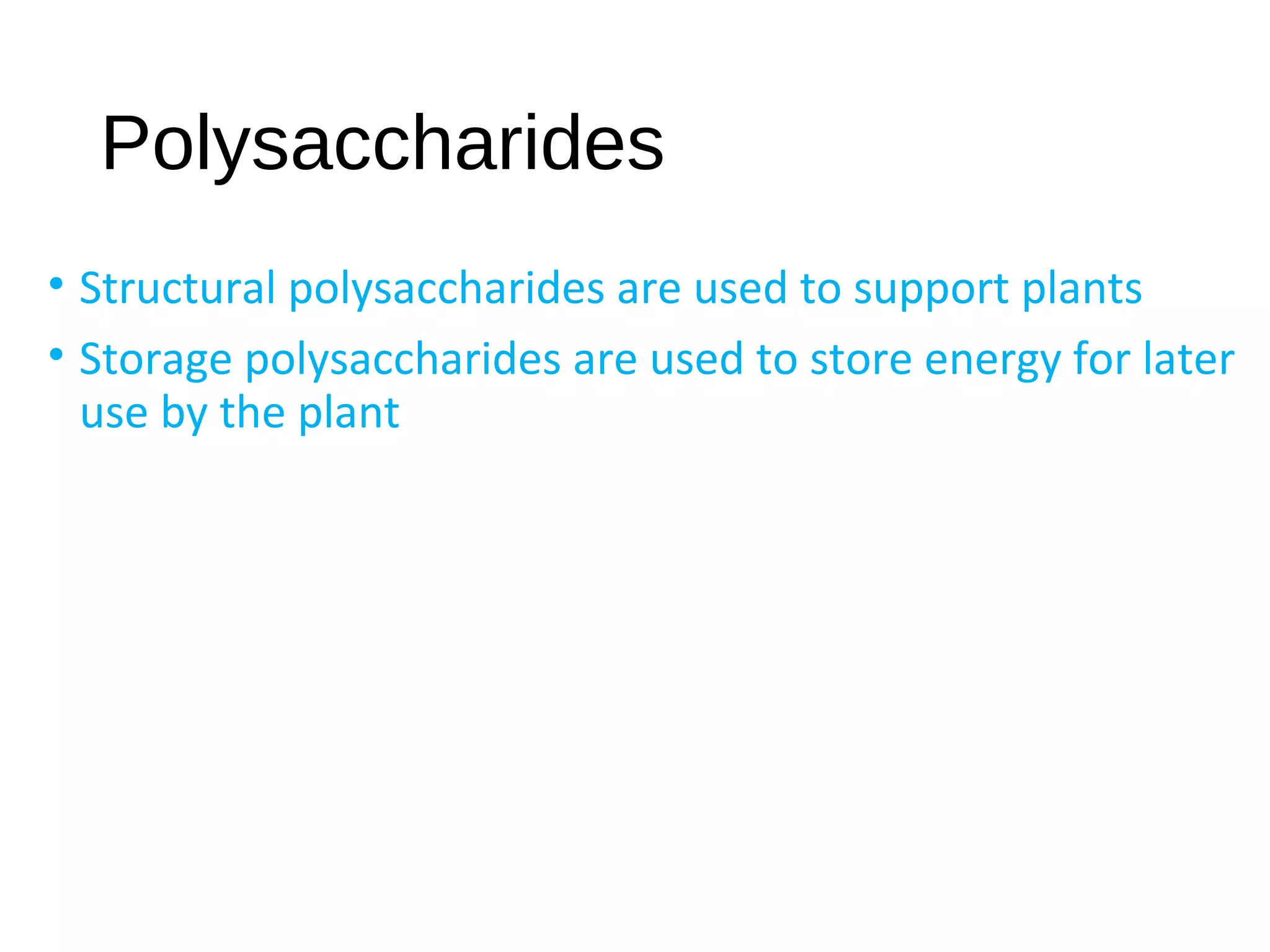 Polysaccharides
• Structural polysaccharides are used to support plants
• Storage polysaccharides are used to store energy for later
use by the plant
 