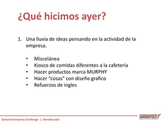 ¿Qué hicimos ayer?
           1. Una lluvia de ideas pensando en la actividad de la
              empresa.

                 •     Miscelánea
                 •     Kiosco de comidas diferentes a la cafetería
                 •     Hacer productos marca MURPHY
                 •     Hacer “cosas” con diseño grafico
                 •     Refuerzos de ingles




School Enterprise Challenge | Introducción
 