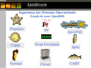 Cripto Propolice  Swap Encriptada Chroot  Systrace Ipsec CARP OpenSSH PF 01010 Segurança nos Sistemas Operacionais Estudo de caso: OpenBSD 