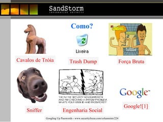 Como? Sniffer Engenharia Social Força Bruta Google![1] Trash Dump Cavalos de Tróia Googling Up Passwords - www.securityfocus.com/columnists/224 