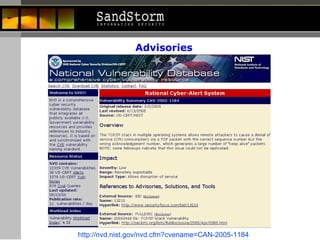 http://nvd.nist.gov/nvd.cfm?cvename=CAN-2005-1184 Advisories 