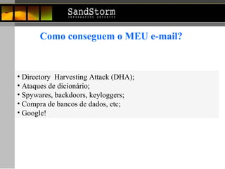 Como conseguem o MEU e-mail? Directory  Harvesting Attack (DHA); Ataques de dicionário; Spywares, backdoors, keyloggers; Compra de bancos de dados, etc; Google! 