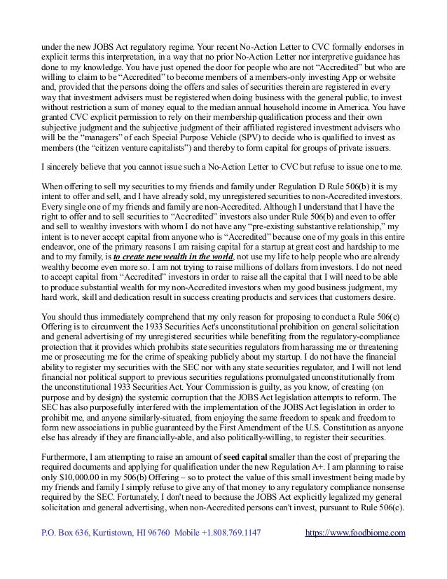 SEC No Action Letter Request to David R. Fredrickson, Chief Counsel