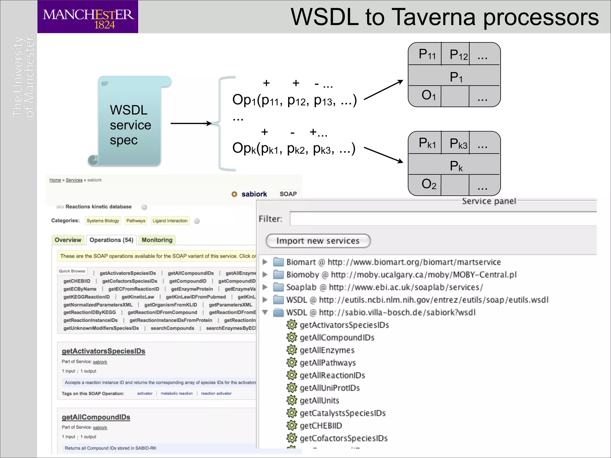 WSDL to Taverna processors
                                    P11   P12 ...

               +     +    - ...           P1
          Op1(p11, p12, p13, ...)   O1         ...
WSDL      ...
service
               +    -    +...
spec                                Pk1 Pk3 ...
          Opk(pk1, pk2, pk3, ...)
                                          Pk
                                    O2         ...




                                                     4
 