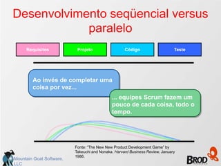 Desenvolvimento seqüencial versus
            paralelo
     Requisitos            Projeto                  Código                    Teste




        Ao invés de completar uma
        coisa por vez...
                                             ... equipes Scrum fazem um
                                             pouco de cada coisa, todo o
                                             tempo.




                          Fonte: “The New New Product Development Game” by
                          Takeuchi and Nonaka. Harvard Business Review, January
                          1986.
Mountain Goat Software,
LLC
 