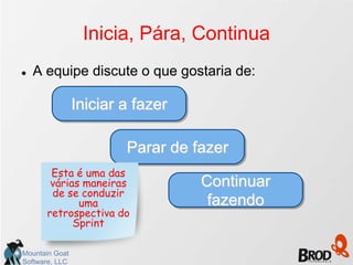 Inicia, Pára, Continua
   A equipe discute o que gostaria de:

                Iniciar a fazer

                        Parar de fazer
       Esta é uma das
       várias maneiras            Continuar
       de se conduzir
             uma                   fazendo
      retrospectiva do
            Sprint

Mountain Goat
Software, LLC
 