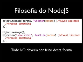 Filosoﬁa do NodeJS




Todo I/O deveria ser feito desta forma
 
