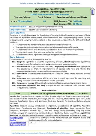 Curriculum for Second Year of Computer Engineering (2019 Course), Savitribai Phule Pune University
http://collegecirculars.unipune.ac.in/sites/documents/Syllabus2020/Forms/AllItems.aspx #11/87
Savitribai Phule Pune University
Second Year of Computer Engineering (2019 Course)
210242: Fundamentals of Data Structures
Teaching Scheme Credit Scheme Examination Scheme and Marks
Lecture: 03 Hours/Week 03 Mid_Semester(TH): 30 Marks
End_Semester(TH): 70 Marks
Prerequisite Courses : 110005: Programming and Problem Solving
Companion Course : 210247: Data Structures Laboratory
Course Objectives:
The course is intended to provide the foundations of the practical implementation and usage of Data
Structures and Algorithms to ensure that the learner evolves into a competent programmer capable
of designing and analyzing implementations of data structures and algorithms for different kinds of
problems.
• To understand the standard and abstract data representation methods.
• To acquaint with the structural constraints and advantages in usage of the data.
• To understand various data structures, operations on it and the memory requirements
• To understand various data searching and sorting methods.
• To understand various algorithmic strategies to approach the problem solution.
Course Outcomes:
On completion of the course, learner will be able to–
CO1: Design the algorithms to solve the programming problems, identify appropriate algorithmic
strategy for specific application, and analyze the time and space complexity.
CO2: Discriminate the usage of various structures, Design/Program/Implement the appropriate
data structures; use them in implementations of abstract data types and Identity the
appropriate data structure in approaching the problem solution.
CO3: Demonstrate use of sequential data structures- Array and Linked lists to store and process
data.
CO4: Understand the computational efficiency of the principal algorithms for searching and
sorting and choose the most efficient one for the application.
CO5: Compare and contrast different implementations of data structures (dynamic and static).
CO6: Understand, Implement and apply principles of data structures-stack and queue to solve
computational problems.
Course Contents
Unit I Introduction to Algorithm and Data Structures (07 Hours)
Introduction: From Problem to Program (Problem, Solution, Algorithm, Data Structure and Program).
Data Structures: Data, Information, Knowledge, and Data structure, Abstract Data Types (ADT), Data
Structure Classification (Linear and Non-linear, Static and Dynamic, Persistent and Ephemeral data
structures).
Algorithms: Problem Solving, Introduction to algorithm, Characteristics of algorithm, Algorithm
design tools: Pseudo-code and flowchart. Complexity of algorithm: Space complexity, Time
complexity, Asymptotic notation- Big-O, Theta and Omega, finding complexity using step count
method, Analysis of programming constructs-Linear, Quadratic, Cubic, Logarithmic. Algorithmic
Strategies: Introduction to algorithm design strategies- Divide and Conquer, and Greedy strategy.
#Exemplar/Case
Studies
Multiplication technique by the mathematician Carl Friedrich Gauss and
Karatsuba algorithm for fast multiplication.
*Mapping of Course
Outcomes for Unit I
CO1, CO2
Home
Home
Home
 
