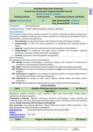 Curriculum for Second Year of Computer Engineering (2019 Course), Savitribai Phule Pune University
http://collegecirculars.unipune.ac.in/sites/documents/Syllabus2020/Forms/AllItems.aspx #17/87
Savitribai Phule Pune University
Second Year of Computer Engineering (2019 Course)
210244: Computer Graphics
Teaching Scheme Credit Scheme Examination Scheme and Marks
Lecture: 03 Hours/Week 03 Mid_Semester(TH): 30 Marks
End_Semester(TH): 70 Marks
Prerequisite : Basic Mathematics
Companion Course : 210247: OOP and Computer Graphics Laboratory
Course Objectives:
The Computer Graphics course prepares students for activities involving the design, development,
and testing of modeling, rendering, and animation solutions to a broad variety of problems found in
entertainment, sciences, and engineering.
• Remembering: To acquaint the learner with the basic concepts of Computer Graphics.
• Understanding: To learn the various algorithms for generating and rendering graphical
figures.
• Applying: To get familiar with mathematics behind the graphical transformations.
• Understanding: To understand and apply various methods and techniques regarding
projections, animation, shading, illumination and lighting.
• Creating: To generate Interactive graphics using OpenGL.
Course Outcomes:
On completion of the course, learner will be able to–
CO1: Identify the basic terminologies of Computer Graphics and interpret the mathematical
foundation of the concepts of computer graphics.
CO2: Apply mathematics to develop Computer programs for elementary graphic operations.
CO3: Illustrate the concepts of windowing and clipping and apply various algorithms to fill and clip
polygons.
CO4: Understand and apply the core concepts of computer graphics, including transformation in
two and three dimensions, viewing and projection.
CO5: Understand the concepts of color models, lighting, shading models and hidden surface
elimination.
CO6: Create effective programs using concepts of curves, fractals, animation and gaming.
Course Contents
Unit I Graphics Primitives and Scan Conversion
Algorithms
(07 Hours)
Introduction, graphics primitives - pixel, resolution, aspect ratio, frame buffer. Display devices,
applications of computer graphics.
Introduction to OpenGL - OpenGL architecture, primitives and attributes, simple modelling and
rendering of two- and three-dimensional geometric objects, GLUT, interaction, events and call-backs
picking. (Simple Interaction with the Mouse and Keyboard)
Scan conversion: Line drawing algorithms: Digital Differential Analyzer (DDA), Bresenham. Circle
drawing algorithms: DDA, Bresenham, and Midpoint.
#Exemplar/Case
Studies
Study about OpenGL Architecture Review Board (ARB)
*Mapping of Course
Outcomes for Unit I
CO1, CO2
Unit II Polygon, Windowing and Clipping (07 Hours)
Home
 