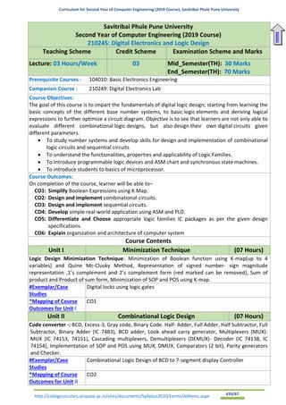 Curriculum for Second Year of Computer Engineering (2019 Course), Savitribai Phule Pune University
http://collegecirculars.unipune.ac.in/sites/documents/Syllabus2020/Forms/AllItems.aspx #20/87
Savitribai Phule Pune University
Second Year of Computer Engineering (2019 Course)
210245: Digital Electronics and Logic Design
Teaching Scheme Credit Scheme Examination Scheme and Marks
Lecture: 03 Hours/Week 03 Mid_Semester(TH): 30 Marks
End_Semester(TH): 70 Marks
Prerequisite Courses : 104010: Basic Electronics Engineering
Companion Course : 210249: Digital Electronics Lab
Course Objectives:
The goal of this course is to impart the fundamentals of digital logic design; starting from learning the
basic concepts of the different base number systems, to basic logic elements and deriving logical
expressions to further optimize a circuit diagram. Objective is to see that learners are not only able to
evaluate different combinational logic designs, but also design their own digital circuits given
different parameters.
• To study number systems and develop skills for design and implementation of combinational
logic circuits and sequential circuits
• To understand the functionalities, properties and applicability of Logic Families.
• To introduce programmable logic devices and ASM chart and synchronous state machines.
• To introduce students to basics of microprocessor.
Course Outcomes:
On completion of the course, learner will be able to–
CO1: Simplify Boolean Expressions using K Map.
CO2: Design and implement combinational circuits.
CO3: Design and implement sequential circuits.
CO4: Develop simple real-world application using ASM and PLD.
CO5: Differentiate and Choose appropriate logic families IC packages as per the given design
specifications.
CO6: Explain organization and architecture of computer system
Course Contents
Unit I Minimization Technique (07 Hours)
Logic Design Minimization Technique: Minimization of Boolean function using K-map(up to 4
variables) and Quine Mc-Clusky Method, Representation of signed number- sign magnitude
representation ,1’s complement and 2’s complement form (red marked can be removed), Sum of
product and Product of sum form, Minimization of SOP and POS using K-map.
#Exemplar/Case
Studies
Digital locks using logic gates
*Mapping of Course
Outcomes for Unit I
CO1
Unit II Combinational Logic Design (07 Hours)
Code converter -: BCD, Excess-3, Gray code, Binary Code. Half- Adder, Full Adder, Half Subtractor, Full
Subtractor, Binary Adder (IC 7483), BCD adder, Look ahead carry generator, Multiplexers (MUX):
MUX (IC 74153, 74151), Cascading multiplexers, Demultiplexers (DEMUX)- Decoder (IC 74138, IC
74154), Implementation of SOP and POS using MUX, DMUX, Comparators (2 bit), Parity generators
and Checker.
#Exemplar/Case
Studies
Combinational Logic Design of BCD to 7-segment display Controller
*Mapping of Course
Outcomes for Unit II
CO2
Home
 