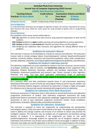 Curriculum for Second Year of Computer Engineering (2019 Course), Savitribai Phule Pune University
http://collegecirculars.unipune.ac.in/sites/documents/Syllabus2020/Forms/AllItems.aspx #23/87
Savitribai Phule Pune University
Second Year of Computer Engineering (2019 Course)
210246: Data Structures Laboratory
Teaching Scheme
Practical: 04 Hours/Week
Credit Scheme
02
Examination Scheme and Marks
Term Work: 25 Marks
Practical: 50 Marks
Companion Course : 210242: Fundamentals of Data Structures
Course Objectives:
To understand basic techniques and strategies of algorithm analysis, the memory requirement for various
data structures like array, linked list, stack, queue etc using concepts of python and C++ programming
language.
Course Outcomes:
On completion of the course, learner will be able to–
CO1: Use algorithms on various linear data structure using sequential organization to solve real life
problems.
CO2: Analyze problems to apply suitable searching and sorting algorithm to various applications.
CO3: Analyze problems to use variants of linked list and solve various real life problems.
CO4: Designing and implement data structures and algorithms for solving different kinds of
problems.
Guidelines for Instructor's Manual
The instructor‘s manual is to be developed as a hands-on resource and reference. The instructor's
manual need to include prologue (about University/program/ institute/ department/foreword/
preface), University syllabus, conduction and Assessment guidelines, topics under consideration-
concept, objectives, outcomes, set of typical applications/assignments/ guidelines, and references.
Guidelines for Student's Laboratory Journal
The laboratory assignments are to be submitted by student in the form of journal. Journal consists
of prologue, Certificate, table of contents, and handwritten write-up of each assignment (Title,
Objectives, Problem Statement, Outcomes, software and Hardware requirements, Date of
Completion, Assessment grade/marks and assessor's sign, Theory- Concept in brief, algorithm,
flowchart, test cases, Test Data Set(if applicable), mathematical model (if applicable),
conclusion/analysis. Program codes with sample output of all performed assignments are to be
submitted as softcopy.
As a conscious effort and little contribution towards Green IT and environment awareness,
attaching printed papers as part of write-ups and program listing to journal may be avoided. Use
of DVD containing students programs maintained by Laboratory In-charge is highly encouraged.
For reference one or two journals may be maintained with program prints at Laboratory.
Guidelines for Laboratory /Term Work Assessment
Continuous assessment of laboratory work is done based on overall performance and Laboratory
assignments performance of student. Each Laboratory assignment assessment will assign
grade/marks based on parameters with appropriate weightage. Suggested parameters for overall
assessment as well as each Laboratory assignment assessment include- timely completion,
performance, innovation, efficient codes, punctuality and neatness.
Guidelines for Laboratory Conduction
The instructor is expected to frame the assignments by understanding the prerequisites,
technological aspects, utility and recent trends related to the topic. The assignment framing policy
need to address the average students and inclusive of an element to attract and promote the
intelligent students. The instructor may set multiple sets of assignments and distribute among
batches of students. It is appreciated if the assignments are based on real world
problems/applications. Encourage students for appropriate use of Hungarian notation, proper
indentation and comments. Use of open source software is to be encouraged. In addition to these,
instructor may assign one real life application in the form of a mini-project based on the concepts
Home
 
