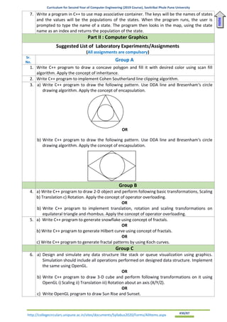Curriculum for Second Year of Computer Engineering (2019 Course), Savitribai Phule Pune University
http://collegecirculars.unipune.ac.in/sites/documents/Syllabus2020/Forms/AllItems.aspx #30/87
7. Write a program in C++ to use map associative container. The keys will be the names of states
and the values will be the populations of the states. When the program runs, the user is
prompted to type the name of a state. The program then looks in the map, using the state
name as an index and returns the population of the state.
Part II : Computer Graphics
Suggested List of Laboratory Experiments/Assignments
(All assignments are compulsory)
Sr.
No. Group A
1. Write C++ program to draw a concave polygon and fill it with desired color using scan fill
algorithm. Apply the concept of inheritance.
2. Write C++ program to implement Cohen Southerland line clipping algorithm.
3. a) Write C++ program to draw the following pattern. Use DDA line and Bresenham‘s circle
drawing algorithm. Apply the concept of encapsulation.
OR
b) Write C++ program to draw the following pattern. Use DDA line and Bresenham‘s circle
drawing algorithm. Apply the concept of encapsulation.
Group B
4. a) Write C++ program to draw 2-D object and perform following basic transformations, Scaling
b) Translation c) Rotation. Apply the concept of operator overloading.
OR
b) Write C++ program to implement translation, rotation and scaling transformations on
equilateral triangle and rhombus. Apply the concept of operator overloading.
5. a) Write C++ program to generate snowflake using concept of fractals.
OR
b) Write C++ program to generate Hilbert curve using concept of fractals.
OR
c) Write C++ program to generate fractal patterns by using Koch curves.
Group C
6. a) Design and simulate any data structure like stack or queue visualization using graphics.
Simulation should include all operations performed on designed data structure. Implement
the same using OpenGL.
OR
b) Write C++ program to draw 3-D cube and perform following transformations on it using
OpenGL i) Scaling ii) Translation iii) Rotation about an axis (X/Y/Z).
OR
c) Write OpenGL program to draw Sun Rise and Sunset.
Home
 