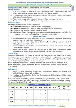 Curriculum for Second Year of Computer Engineering (2019 Course), Savitribai Phule Pune University
http://collegecirculars.unipune.ac.in/sites/documents/Syllabus2020/Forms/AllItems.aspx #44/87
AC3-I: Green Construction and Design
Prerequisites: General awareness of environment and eco system.
Course Objectives:
1. To motivate students for undertaking green construction projects, technical aspects of their
design, obstacles to getting them done, and future directions of the field.
2. To increase awareness of green construction issues, so that students will know the range of
existing knowledge and issues.
3. Proper use of energy, water and other resources without harming environment.
4. To reduce waste pollution and Environment Degradation.
Course Outcomes:
On completion of the course, learner will be able to–
CO1: Understand the importance of environment friendly society.
CO2: Apply primary measures to reduce carbon emissions from their surroundings.
CO3: Learn role of IT solutions in design of green buildings.
CO4: Understand the use of software systems to complete statutory compliances involved in the
design of a new home or office building through green construction.
Course Contents
1. Introduction to Green Construction, need of green construction, Importance, Government
Initiatives, your role in the Green Environment.
2. How to do Green Construction, Project Definition, Team Building, Education and Goal
Setting, Documents and Specification.
3. Elements of Green Construction, Materials Construction Waste Management, Indoor Air
Quality, Energy Efficiency.
4. Indian Green Building Council (IGBC), Introduction to IGBC, IGBC rating system, Green
building projects in India, Benefits of green building, effects on natural resources.
Team Projects:
Students will be formed into groups to research green construction and design in a particular
construction context and report their results to the class. What are the particular obstacles and
opportunities to integrating green construction techniques into the following sectors? Be sure to
consider technical, social, political and economic issues:
Hotels (economy, luxury, resorts ), Hospitals, Retail( big box, malls, small scale downtown retail),
Office, Government, ,Schools, Universities, Housing, Transportation Stations (Airport Terminals,
Train Stations).
References :
1. Kibert, C. (2008) Sustainable Construction: Green Building Design and Delivery, 2nd
edition(Hoboken, NJ: John Wiley and Sons.
2. Handbook of Green Building Design and Construction 1st Edition, by Sam Kubba, eBook
ISBN:9780123851291.
IGBC Green New Buildings Rating System, Version 3.0, Abridged Reference Guide September 2014.
Available:https://igbc.in/igbc/html_pdfs/abridged/IGBC%20Green%20New%20Buildings%20Rating
%20System%20(Version%203.0).pdf
@The CO-PO Mapping Matrix
COPO PO1 PO2 PO3 PO4 PO5 PO6 PO7 PO8 PO9
PO
10
PO
11
PO
12
CO1
- - 2 - - 3 3 - - - - -
CO2
- - 2 - - 3 3 - - - - -
CO3
- - - - 3 - 2 - - - - -
CO4
- - 1 - 3 - 2 - - - - -
Home
 