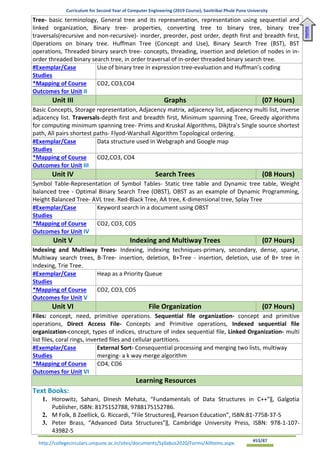Curriculum for Second Year of Computer Engineering (2019 Course), Savitribai Phule Pune University
http://collegecirculars.unipune.ac.in/sites/documents/Syllabus2020/Forms/AllItems.aspx #53/87
Tree- basic terminology, General tree and its representation, representation using sequential and
linked organization, Binary tree- properties, converting tree to binary tree, binary tree
traversals(recursive and non-recursive)- inorder, preorder, post order, depth first and breadth first,
Operations on binary tree. Huffman Tree (Concept and Use), Binary Search Tree (BST), BST
operations, Threaded binary search tree- concepts, threading, insertion and deletion of nodes in in-
order threaded binary search tree, in order traversal of in-order threaded binary search tree.
#Exemplar/Case
Studies
Use of binary tree in expression tree-evaluation and Huffman's coding
*Mapping of Course
Outcomes for Unit II
CO2, CO3,CO4
Unit III Graphs (07 Hours)
Basic Concepts, Storage representation, Adjacency matrix, adjacency list, adjacency multi list, inverse
adjacency list. Traversals-depth first and breadth first, Minimum spanning Tree, Greedy algorithms
for computing minimum spanning tree- Prims and Kruskal Algorithms, Dikjtra's Single source shortest
path, All pairs shortest paths- Flyod-Warshall Algorithm Topological ordering.
#Exemplar/Case
Studies
Data structure used in Webgraph and Google map
*Mapping of Course
Outcomes for Unit III
CO2,CO3, CO4
Unit IV Search Trees (08 Hours)
Symbol Table-Representation of Symbol Tables- Static tree table and Dynamic tree table, Weight
balanced tree - Optimal Binary Search Tree (OBST), OBST as an example of Dynamic Programming,
Height Balanced Tree- AVL tree. Red-Black Tree, AA tree, K-dimensional tree, Splay Tree
#Exemplar/Case
Studies
Keyword search in a document using OBST
*Mapping of Course
Outcomes for Unit IV
CO2, CO3, CO5
Unit V Indexing and Multiway Trees (07 Hours)
Indexing and Multiway Trees- Indexing, indexing techniques-primary, secondary, dense, sparse,
Multiway search trees, B-Tree- insertion, deletion, B+Tree - insertion, deletion, use of B+ tree in
Indexing, Trie Tree.
#Exemplar/Case
Studies
Heap as a Priority Queue
*Mapping of Course
Outcomes for Unit V
CO2, CO3, CO5
Unit VI File Organization (07 Hours)
Files: concept, need, primitive operations. Sequential file organization- concept and primitive
operations, Direct Access File- Concepts and Primitive operations, Indexed sequential file
organization-concept, types of indices, structure of index sequential file, Linked Organization- multi
list files, coral rings, inverted files and cellular partitions.
#Exemplar/Case
Studies
External Sort- Consequential processing and merging two lists, multiway
merging- a k way merge algorithm
*Mapping of Course
Outcomes for Unit VI
CO4, CO6
Learning Resources
Text Books:
1. Horowitz, Sahani, Dinesh Mehata, “Fundamentals of Data Structures in C++”‖, Galgotia
Publisher, ISBN: 8175152788, 9788175152786.
2. M Folk, B Zoellick, G. Riccardi, “File Structures‖, Pearson Education”, ISBN:81-7758-37-5
3. Peter Brass, “Advanced Data Structures”‖, Cambridge University Press, ISBN: 978-1-107-
43982-5
Home
 