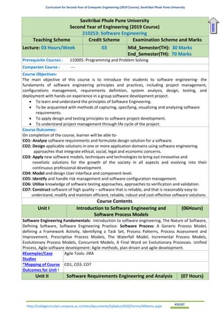 Curriculum for Second Year of Computer Engineering (2019 Course), Savitribai Phule Pune University
http://collegecirculars.unipune.ac.in/sites/documents/Syllabus2020/Forms/AllItems.aspx #55/87
Savitribai Phule Pune University
Second Year of Engineering (2019 Course)
210253: Software Engineering
Teaching Scheme Credit Scheme Examination Scheme and Marks
Lecture: 03 Hours/Week 03 Mid_Semester(TH): 30 Marks
End_Semester(TH): 70 Marks
Prerequisite Courses : 110005: Programming and Problem Solving
Companion Course : ---
Course Objectives:
The main objective of this course is to introduce the students to software engineering- the
fundaments of software engineering principles and practices, including project management,
configurations management, requirements definition, system analysis, design, testing, and
deployment with hands-on experience in a group software development project.
• To learn and understand the principles of Software Engineering.
• To be acquainted with methods of capturing, specifying, visualizing and analyzing software
requirements.
• To apply design and testing principles to software project development.
• To understand project management through life cycle of the project.
Course Outcomes:
On completion of the course, learner will be able to-
CO1: Analyze software requirements and formulate design solution for a software.
CO2: Design applicable solutions in one or more application domains using software engineering
approaches that integrate ethical, social, legal and economic concerns.
CO3: Apply new software models, techniques and technologies to bring out innovative and
novelistic solutions for the growth of the society in all aspects and evolving into their
continuous professional development.
CO4: Model and design User interface and component-level.
CO5: Identify and handle risk management and software configuration management.
CO6: Utilize knowledge of software testing approaches, approaches to verification and validation.
CO7: Construct software of high quality – software that is reliable, and that is reasonably easy to
understand, modify and maintain efficient, reliable, robust and cost-effective software solutions.
Course Contents
Unit I Introduction to Software Engineering and
Software Process Models
(06Hours)
Software Engineering Fundamentals: Introduction to software engineering, The Nature of Software,
Defining Software, Software Engineering Practice. Software Process: A Generic Process Model,
defining a Framework Activity, Identifying a Task Set, Process Patterns, Process Assessment and
Improvement, Prescriptive Process Models, The Waterfall Model, Incremental Process Models,
Evolutionary Process Models, Concurrent Models, A Final Word on Evolutionary Processes. Unified
Process, Agile software development: Agile methods, plan driven and agile development.
#Exemplar/Case
Studies
Agile Tools- JIRA
*Mapping of Course
Outcomes for Unit I
CO1, CO3, CO7
Unit II Software Requirements Engineering and Analysis (07 Hours)
Home
 