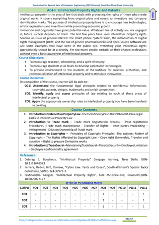 Curriculum for Second Year of Computer Engineering (2019 Course), Savitribai Phule Pune University
http://collegecirculars.unipune.ac.in/sites/documents/Syllabus2020/Forms/AllItems.aspx #82/87
AC4-II: Intellectual Property Rights and Patents
Intellectual property is the area of law that deals with protecting the rights of those who create
original works. It covers everything from original plays and novels to inventions and company
identification marks. The purpose of intellectual property laws is to encourage new technologies,
artistic expressions and inventions while promoting economic growth.
Innovation and originality have great potential value. Whatever line of activity you are engaged
in, future success depends on them. The last few years have seen intellectual property rights
become an issue of general interest: the smart phone “patent wars”, the introduction of Digital
Rights management (DRM) and the rise of generic pharmaceuticals and open-source software are
just some examples that have been in the public eye. Protecting your intellectual rights
appropriately should be at a priority. Yet too many people embark on their chosen professions
without even a basic awareness of intellectual property.
Course Objectives:
• To encourage research, scholarship, and a spirit of inquiry
• To encourage students at all levels to develop patentable technologies.
• To provide environment to the students of the Institute for creation, protection, and
commercialization of intellectual property and to stimulate innovation.
Course Outcomes:
On completion of the course, learner will be able to–
CO1: Understand the fundamental legal principles related to confidential information,
copyright, patents, designs, trademarks and unfair competition
CO2: Identify, apply and assess principles of law relating to each of these areas of
intellectual property
CO3: Apply the appropriate ownership rules to intellectual property you have been involved
in creating
Course Contents
1. IntroductiontoIntellectualPropertyLaw–TheEvolutionaryPast-TheIPRToolKit-Para-Legal
Tasks in Intellectual Property Law
2. Introduction to Trade mark – Trade mark Registration Process – Post registration
Procedures -Trade mark maintenance - Transfer of Rights – Inter partes Proceeding –
Infringement - Dilution Ownership of Trade mark
3. Introduction to Copyrights – Principles of Copyright Principles -The subjects Matter of
Copy right – The Rights Afforded by Copyright Law – Copy right Ownership, Transfer and
duration – Right to prepare Derivative works
4. IntroductiontoTradeSecret–MaintainingTradeSecret–PhysicalSecurity–EmployeeLimitation
- Employee confidentiality agreement
Reference:
1. Debirag E. Bouchoux, “Intellectual Property” Cengage learning, New Delhi, ISBN-
10:1111648573
2. Ferrera, Reder, Bird, Darrow, “Cyber Law. Texts and Cases”, South-Western‘s Special Topics
Collections,ISBN:0-324-39972-3
3. Prabhuddha Ganguli, “Intellectual Property Rights”, Tata Mc-Graw–Hill, NewDelhi,ISBN-
10:0070077177
@The CO-PO Mapping Matrix
COPO PO1 PO2 PO3 PO4 PO5 PO6 PO7 PO8 PO9 PO10 PO11 PO12
CO1 - - - - - - - 1 - - - 1
CO2 - - - - - - - 2 - - - 1
CO3 - - - - - - - 1 - - - 1
Home
 