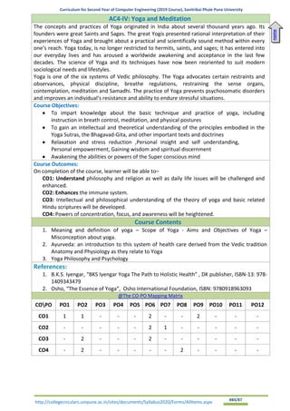 Curriculum for Second Year of Computer Engineering (2019 Course), Savitribai Phule Pune University
http://collegecirculars.unipune.ac.in/sites/documents/Syllabus2020/Forms/AllItems.aspx #84/87
AC4-IV: Yoga and Meditation
The concepts and practices of Yoga originated in India about several thousand years ago. Its
founders were great Saints and Sages. The great Yogis presented rational interpretation of their
experiences of Yoga and brought about a practical and scientifically sound method within every
one‘s reach. Yoga today, is no longer restricted to hermits, saints, and sages; it has entered into
our everyday lives and has aroused a worldwide awakening and acceptance in the last few
decades. The science of Yoga and its techniques have now been reoriented to suit modern
sociological needs and lifestyles.
Yoga is one of the six systems of Vedic philosophy. The Yoga advocates certain restraints and
observances, physical discipline, breathe regulations, restraining the sense organs,
contemplation, meditation and Samadhi. The practice of Yoga prevents psychosomatic disorders
and improves an individual‘s resistance and ability to endure stressful situations.
Course Objectives:
• To impart knowledge about the basic technique and practice of yoga, including
instruction in breath control, meditation, and physical postures
• To gain an intellectual and theoretical understanding of the principles embodied in the
Yoga Sutras, the Bhagavad-Gita, and other important texts and doctrines
• Relaxation and stress reduction ,Personal insight and self understanding,
Personal empowerment, Gaining wisdom and spiritual discernment
• Awakening the abilities or powers of the Super conscious mind
Course Outcomes:
On completion of the course, learner will be able to–
CO1: Understand philosophy and religion as well as daily life issues will be challenged and
enhanced.
CO2: Enhances the immune system.
CO3: Intellectual and philosophical understanding of the theory of yoga and basic related
Hindu scriptures will be developed.
CO4: Powers of concentration, focus, and awareness will be heightened.
Course Contents
1. Meaning and definition of yoga – Scope of Yoga - Aims and Objectives of Yoga –
Misconception about yoga.
2. Ayurveda: an introduction to this system of health care derived from the Vedic tradition
Anatomy and Physiology as they relate to Yoga
3. Yoga Philosophy and Psychology
References:
1. B.K.S. Iyengar, “BKS Iyengar Yoga The Path to Holistic Health” , DK publisher, ISBN-13: 978-
1409343479
2. Osho, “The Essence of Yoga”, Osho International Foundation, ISBN: 9780918963093
@The CO-PO Mapping Matrix
COPO PO1 PO2 PO3 PO4 PO5 PO6 PO7 PO8 PO9 PO10 PO11 PO12
CO1 1 1 - - - 2 - - 2 - - -
CO2 - - - - - 2 1 - - - - -
CO3 - 2 - - - 2 - - - - - -
CO4 - 2 - - - - - 2 - - - -
Home
 