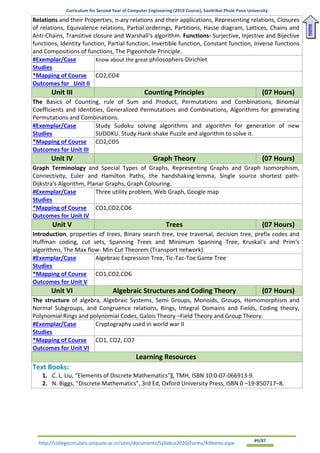Curriculum for Second Year of Computer Engineering (2019 Course), Savitribai Phule Pune University
http://collegecirculars.unipune.ac.in/sites/documents/Syllabus2020/Forms/AllItems.aspx #9/87
Relations and their Properties, n-ary relations and their applications, Representing relations, Closures
of relations, Equivalence relations, Partial orderings, Partitions, Hasse diagram, Lattices, Chains and
Anti-Chains, Transitive closure and Warshall‘s algorithm. Functions- Surjective, Injective and Bijective
functions, Identity function, Partial function, Invertible function, Constant function, Inverse functions
and Compositions of functions, The Pigeonhole Principle.
#Exemplar/Case
Studies
Know about the great philosophers-Dirichlet
*Mapping of Course
Outcomes for Unit II
CO2,CO4
Unit III Counting Principles (07 Hours)
The Basics of Counting, rule of Sum and Product, Permutations and Combinations, Binomial
Coefficients and Identities, Generalized Permutations and Combinations, Algorithms for generating
Permutations and Combinations.
#Exemplar/Case
Studies
Study Sudoku solving algorithms and algorithm for generation of new
SUDOKU. Study Hank-shake Puzzle and algorithm to solve it.
*Mapping of Course
Outcomes for Unit III
CO2,CO5
Unit IV Graph Theory (07 Hours)
Graph Terminology and Special Types of Graphs, Representing Graphs and Graph Isomorphism,
Connectivity, Euler and Hamilton Paths, the handshaking lemma, Single source shortest path-
Dijkstra's Algorithm, Planar Graphs, Graph Colouring.
#Exemplar/Case
Studies
Three utility problem, Web Graph, Google map
*Mapping of Course
Outcomes for Unit IV
CO1,CO2,CO6
Unit V Trees (07 Hours)
Introduction, properties of trees, Binary search tree, tree traversal, decision tree, prefix codes and
Huffman coding, cut sets, Spanning Trees and Minimum Spanning Tree, Kruskal‘s and Prim‘s
algorithms, The Max flow- Min Cut Theorem (Transport network).
#Exemplar/Case
Studies
Algebraic Expression Tree, Tic-Tac-Toe Game Tree
*Mapping of Course
Outcomes for Unit V
CO1,CO2,CO6
Unit VI Algebraic Structures and Coding Theory (07 Hours)
The structure of algebra, Algebraic Systems, Semi Groups, Monoids, Groups, Homomorphism and
Normal Subgroups, and Congruence relations, Rings, Integral Domains and Fields, Coding theory,
Polynomial Rings and polynomial Codes, Galois Theory –Field Theory and Group Theory.
#Exemplar/Case
Studies
Cryptography used in world war II
*Mapping of Course
Outcomes for Unit VI
CO1, CO2, CO7
Learning Resources
Text Books:
1. C. L. Liu, “Elements of Discrete Mathematics”‖, TMH, ISBN 10:0-07-066913-9.
2. N. Biggs, “Discrete Mathematics”, 3rd Ed, Oxford University Press, ISBN 0 –19-850717–8.
Home
 