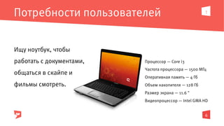 6
!
Потребности пользователей
Ищу ноутбук, чтобы
работать с документами,
общаться в скайпе и
фильмы смотреть.
Процессор — Core i3
Частота процессора — 1500 МГц
Оперативная память — 4 Гб
Объем накопителя — 128 Гб
Размер экрана — 11.6 "
Видеопроцессор — Intel GMA HD
 