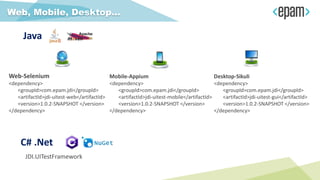 Web, Mobile, Desktop…
C# .Net
Java
JDI.UITestFramework
Web-Selenium
<dependency>
<groupId>com.epam.jdi</groupId>
<artifactId>jdi-uitest-web</artifactId>
<version>1.0.2-SNAPSHOT </version>
</dependency>
Desktop-Sikuli
<dependency>
<groupId>com.epam.jdi</groupId>
<artifactId>jdi-uitest-gui</artifactId>
<version>1.0.2-SNAPSHOT </version>
</dependency>
Mobile-Appium
<dependency>
<groupId>com.epam.jdi</groupId>
<artifactId>jdi-uitest-mobile</artifactId>
<version>1.0.2-SNAPSHOT </version>
</dependency>
 