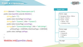 @JSite(domain = "https://www.epam.com")
public class EpamSite extends WebSite {
@JPage(url = "/")
public static HomePage homePage;
@JPage(url = "/careers", title = "Careers")
public static CareerPage careerPage;
@JPage(url = "/careers/job-listings", title = "Job Listings",
urlCheckType = CONTAIN, titleCheckType = CONTAIN)
public static JobPage jobPage;
...
}
Сайт и страницы
Epam site
Home page
• Navigation Menu : IMenu
• Search : ISearch
• Footer : Footer
• About : Ilink
• Contacts: IText
Career page
• JobFilter
• Keywords
• Category
• City
Job page
• …
WebSite.init(EpamSite.class);WebSite.init(EpamSite.class);
 