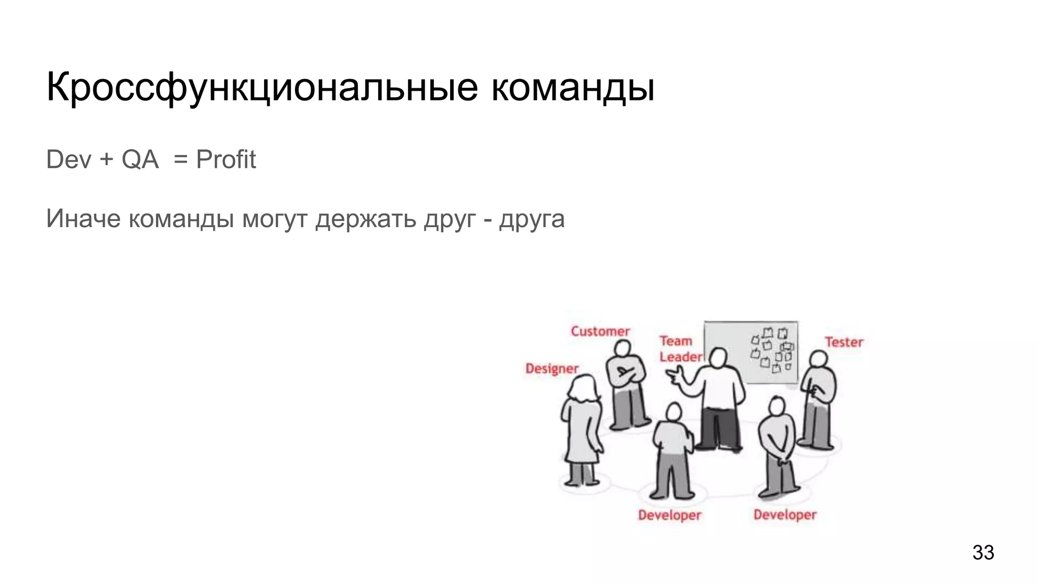 Кроссфункциональные команды
Dev + QA = Profit
Иначе команды могут держать друг - друга
33
 