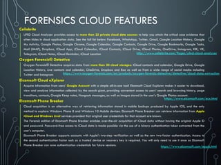 FORENSICS CLOUD FEATURES
Cellebrite
UFED Cloud Analyzer provides access to more than 25 private cloud data sources to help you attain the critical case evidence that
often hides in cloud application data. See the full list below: Facebook, WhatsApp, Twitter, Gmail, Google Location History, Google
My Activity, Google Photos, Google Chrome, Google Calendar, Google Contacts, Google Drive, Google Bookmarks, Google Tasks,
Mail (IMAP), Dropbox, iCloud App, iCloud Calendar, iCloud Contacts, iCloud Drive, iCloud Photos, OneDrive, Instagram, KIK, VK,
Telegram, iCloud Notes, iCloud Reminder, iCloud Location
Oxygen Forensic® Detective
Oxygen Forensic® Detective acquires data from more than 30 cloud storages: iCloud contacts and calendar, Google Drive, Google
Location History, Live contacts and calendar, OneDrive, Dropbox and Box as well as from a wide range of social media including
Twitter and Instagram
Elcomsoft Cloud eXplorer
Acquire information from users’ Google Account with a simple all-in-one tool! Elcomsoft Cloud Explorer makes it easier to download,
view and analyze information collected by the search giant, providing convenient access to users’ search and browsing history, page
transitions, contacts, Google Keep notes, Hangouts messages, as well as images stored in the user’s Google Photos account.
Elcomsoft Phone Breaker
Cloud acquisition is an alternative way of retrieving information stored in mobile backups produced by Apple iOS, and the only
method to explore Windows Phone 8 and Windows 10 Mobile devices. Elcomsoft Phone Breaker can retrieve information from Apple
iCloud and Windows Live! services provided that original user credentials for that account are known.
The Forensic edition of Elcomsoft Phone Breaker enables over-the-air acquisition of iCloud data without having the original Apple ID
and password. Password-free access to iCloud data is made possible via the use of a binary authentication token extracted from the
user’s computer.
Elcomsoft Phone Breaker supports accounts with Apple's two-step verification as well as the new two-factor authentication. Access to
the second authentication factor such as a trusted device or recovery key is required. You will only need to use it once as Elcomsoft
Phone Breaker can save authentication credentials for future sessions.
https://www.oxygen-forensic.com/en/products/oxygen-forensic-detective/detective/cloud-data-extraction
http://www.cellebrite.com/Pages/ufed-cloud-analyzer
https://www.elcomsoft.com/ecx.html
https://www.elcomsoft.com/eppb.html
 