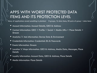 APPS WITH WORST PROTECTED DATA
ITEMS AND ITS PROTECTION LEVEL
 Account Information: Account Details, GEO & Address
 Contact Information: GEO + Profile + Social + Media URLs + Place Details +
Stream
 Analytics 'n' Ads Information: Device Data & Environment
 Credentials Information: Credentials IDs & Passwords
 Events Information: Stream
 Location 'n' Maps Information: GEO & Address, Media Data, Messages, Place
Details
 Loyalty Information: Account Data, GEO & Address, Place Details
 Media Information: Place Details
Many of applications reveal something in plaintext 8 groups, 16 data items, 30 pairs of group + data items
 