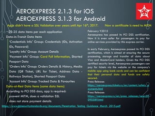 AEROEXPRESS 2.1.3 for iOS
AEROEXPRESS 3.1.3 for Android
~20-25 data items per each application
Data-in-Transit Data Items
‘Credentials Info' Group: Credentials (IDs, Activation
IDs, Password)
‘Loyalty Info' Group: Account Details
‘Payment Info' Group: Card Full Information, Shorted
Passport Data
‘Orders Info' Group: Orders Details & History, Media
Data (QR Ticket, URL for Ticket, Address Data -
Railways Station), Shorted Passport Data
‘Account Info' Group: Tracked Data & Favourites
Data-at-Rest Data Items (same data items)
According to PCI DSS docs, app is required:
prevent MITM, does a validation SSL
does not store payment details
Apps didn’t have a SSL Validation over years until Apr 16th, 2017. Now a certificate is need to MITM
https://www.pcisecuritystandards.org/documents/Penetration_Testing_Guidance_March_2015.pdf
February Y2015
Aeroexpress has passed its PCI DSS certification.
Now it is even safer for passengers to pay for
online services provided by this express carrier.
In early February, Aeroexpress passed its PCI DSS
certification, which is aimed at ensuring the secure
processing, storage and transfer of data about
Visa and MasterCard holders. Given the PCI DSS
certified security level, Aeroexpress passengers can
pay for tickets via the website or the company’s
mobile app using bank cards and can be confident
that their personal data and funds are safely
secured.
Press Release:
https://aeroexpress.tickets.ru/en/content/safety_p
ayments.html
Press Release:
https://aeroexpress.ru/en/press_releases/news20
090589.html
 