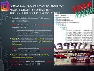 INSTAGRAM: “LONG ROAD TO SECURITY”
FROM INSECURITY TO SECURITY
THOUGHT THE SECURITY & INSECURITY
 Media Data includes Advertisement, Profile images,
your photos and so on…
 Y2014: Media data transferred as is without protection;
hosted on AWS S3
 Instagram said it's moving to encrypted communications
for its images by moving to HTTPS, the secure version of
the standard used to transfer Web data over the Internet.
 Y2015: Media data transferred over HTTPS and hosted
on Amazon Storage Service (AWS S3); Crafted cert to
MITM needed
 Y2016: Media data transferred as is without protection
and hosted on own Instagram storages
 Y2017 - iOS: Media data transferred over HTTPS;
Crafted cert to MITM needed
 Y2017 - Android: Media data transferred as is without
protection; the rest data is SSL PINNED
 