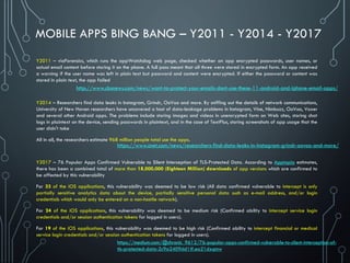 MOBILE APPS BING BANG – Y2011 - Y2014 - Y2017
Y2011 – viaForensics, which runs the appWatchdog web page, checked whether an app encrypted passwords, user names, or
actual email content before storing it on the phone. A full pass meant that all three were stored in encrypted form. An app received
a warning if the user name was left in plain text but password and content were encrypted. If either the password or content was
stored in plain text, the app failed
Y2014 – Researchers find data leaks in Instagram, Grindr, OoVoo and more. By sniffing out the details of network communications,
University of New Haven researchers have uncovered a host of data-leakage problems in Instagram, Vine, Nimbuzz, OoVoo, Voxer
and several other Android apps. The problems include storing images and videos in unencrypted form on Web sites, storing chat
logs in plaintext on the device, sending passwords in plaintext, and in the case of TextPlus, storing screenshots of app usage that the
user didn't take
All in all, the researchers estimate 968 million people total use the apps.
Y2017 – 76 Popular Apps Confirmed Vulnerable to Silent Interception of TLS-Protected Data. According to Apptopia estimates,
there has been a combined total of more than 18,000,000 (Eighteen Million) downloads of app versions which are confirmed to
be affected by this vulnerability
For 33 of the iOS applications, this vulnerability was deemed to be low risk (All data confirmed vulnerable to intercept is only
partially sensitive analytics data about the device, partially sensitive personal data such as e-mail address, and/or login
credentials which would only be entered on a non-hostile network).
For 24 of the iOS applications, this vulnerability was deemed to be medium risk (Confirmed ability to intercept service login
credentials and/or session authentication tokens for logged in users).
For 19 of the iOS applications, this vulnerability was deemed to be high risk (Confirmed ability to intercept financial or medical
service login credentials and/or session authentication tokens for logged in users).
https://www.cnet.com/news/researchers-find-data-leaks-in-instagram-grindr-oovoo-and-more/
https://medium.com/@chronic_9612/76-popular-apps-confirmed-vulnerable-to-silent-interception-of-
tls-protected-data-2c9a2409dd1#.ea21dxqmw
http://www.cbsnews.com/news/want-to-protect-your-emails-dont-use-these-11-android-and-iphone-email-apps/
 