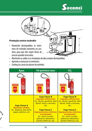 45 
Serviço Social do Distrito Federal 
Proteção contra incêndio 
• Mantenha desimpedidos os extin-tores 
de incêndio existentes no can-teiro, 
para que eles sejam fáceis de 
acessar quando necessário. 
• Mantenha as saídas e as circulações da obra sempre desimpedidas. 
• Aprenda a manusear os extintores. 
• Conheça os sinais do alarme de incêndio. 
Água Pó químinco seco CO2 
Fogo Classe A 
Materiais sólidos 
Ex.: Madeira, borracha, 
papel, plástico, etc 
Fogo Classe B 
Líquidos inflamaveis 
Ex.: álcool, gasolina, óleo 
diesel, tinta e vernizes, 
etc. 
Fogo Classe C 
Equipamentos elétricos 
energizados 
Ex.: serra circular, 
policorte, betoneira, 
painéis elétricos, etc. 
Fogo Classe B 
Líquidos inflamaveis 
Ex.: álcool, gasolina, óleo 
diesel, tinta e vernizes, 
etc. 
Fogo Classe C 
Equipamentos elétricos 
energizados 
Ex.: serra circular, 
policorte, betoneira, 
painéis elétricos, etc. 
 