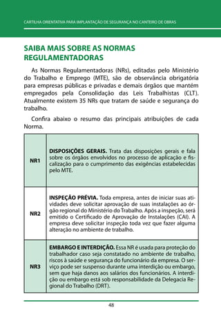 CARTILHA ORIENTATIVA PARA IMPLANTAÇÃO DE SEGURANÇA NO CANTEIRO DE OBRAS 
SAIBA MAIS SOBRE AS NORMAS 
REGULAMENTADORAS 
As Normas Regulamentadoras (NRs), editadas pelo Ministério 
do Trabalho e Emprego (MTE), são de observância obrigatória 
para empresas públicas e privadas e demais órgãos que mantém 
empregados pela Consolidação das Leis Trabalhistas (CLT). 
Atualmente existem 35 NRs que tratam de saúde e segurança do 
trabalho. 
Confira abaixo o resumo das principais atribuições de cada 
Norma. 
48 
NR1 
DISPOSIÇÕES GERAIS. Trata das disposições gerais e fala 
sobre os órgãos envolvidos no processo de aplicação e fis-calização 
para o cumprimento das exigências estabelecidas 
pelo MTE. 
NR2 
INSPEÇÃO PRÉVIA. Toda empresa, antes de iniciar suas ati-vidades 
deve solicitar aprovação de suas instalações ao ór-gão 
regional do Ministério do Trabalho. Após a inspeção, será 
emitido o Certificado de Aprovação de Instalações (CAI). A 
empresa deve solicitar inspeção toda vez que fazer alguma 
alteração no ambiente de trabalho. 
NR3 
EMBARGO E INTERDIÇÃO. Essa NR é usada para proteção do 
trabalhador caso seja constatado no ambiente de trabalho, 
riscos à saúde e segurança do funcionário da empresa. O ser-viço 
pode ser suspenso durante uma interdição ou embargo, 
sem que haja danos aos salários dos funcionários. A interdi-ção 
ou embargo está sob responsabilidade da Delegacia Re-gional 
do Trabalho (DRT). 
 