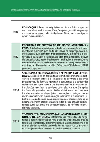 CARTILHA ORIENTATIVA PARA IMPLANTAÇÃO DE SEGURANÇA NO CANTEIRO DE OBRAS 
50 
NR8 
EDIFICAÇÕES. Trata dos requisitos técnicos mínimos que de-vem 
ser observados nas edificações para garantir segurança 
e conforto aos que nelas trabalham. Observar o código de 
obras do município. 
NR9 
PROGRAMA DE PREVENÇÃO DE RISCOS AMBIENTAIS – 
PPRA. Estabelece a obrigatoriedade de elaboração e imple-mentação 
do PPRA por parte de todos os empregadores ou 
instituições que admitam trabalhadores. O objetivo é a pre-servação 
da saúde e integridade dos trabalhadores, através 
da antecipação, reconhecimento, avaliação e conseqüente 
controle dos riscos ambientais existentes ou que venham a 
existir no ambiente de trabalho. O Seconci-DF elabora o PPRA 
para as empresas. 
NR10 
SEGURANÇA EM INSTALAÇÕES E SERVIÇOS EM ELETRICI-DADE. 
Estabelece os requisitos e condições mínimas objeti-vando 
a implementação de medidas de controle e sistemas 
preventivos, de forma a garantir a segurança e a saúde dos 
trabalhadores que, direta ou indiretamente, interajam em 
instalações elétricas e serviços com eletricidade. Se aplica 
às fases de geração, transmissão, distribuição e consumo, 
incluindo as etapas de projeto, construção, montagem, ope-ração, 
manutenção das instalações elétricas e quaisquer tra-balhos 
realizados nas suas proximidades, observando-se as 
normas técnicas oficiais estabelecidas pelos órgãos compe-tentes 
e, na ausência ou omissão destas, as normas interna-cionais 
cabíveis. 
NR11 
TRANSPORTE, MOVIMENTAÇÃO, ARMAZENAGEM E MA-NUSEIO 
DE MATERIAIS. Estabelece os requisitos de segu-rança 
a serem observados nos locais de trabalho, no que se 
refere ao transporte, à movimentação, à armazenagem e ao 
manuseio de materiais, tanto de forma mecânica quanto ma-nual, 
objetivando a prevenção de infortúnios laborais. 
 