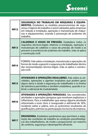 51 
Serviço Social do Distrito Federal 
NR12 
SEGURANÇA NO TRABALHO EM MÁQUINAS E EQUIPA-MENTOS. 
Estabelece as medidas prevencionistas de segu-rança 
e higiene do trabalho a serem adotadas pelas empresas 
em relação à instalação, operação e manutenção de máqui-nas 
e equipamentos, visando à prevenção de acidentes do 
trabalho. 
NR13 
CALDEIRAS E VASOS DE PRESSÃO. Estabelece todos os 
requisitos técnicos-legais relativos à instalação, operação e 
manutenção de caldeiras e vasos de pressão, de modo a se 
prevenir a ocorrência de acidentes do trabalho. (não se aplica 
a construção civil) 
NR14 
FORNOS. Fala sobre a instalação, manutenção e operações de 
fornos de modo a garantir a segurança do trabalhador dentro 
das recomendações técnico-legais. (não se aplica a constru-ção 
civil) 
NR15 
ATIVIDADES E OPERAÇÕES INSALUBRES. Fala sobre as ati-vidades, 
operações e agentes insalubres que podem gerar 
algum dano à saúde e segurança do trabalhador e os limites 
de tolerância permitidos e também estabelece, quando é ca-bível, 
o adicional de insalubirdade. 
NR16 
ATIVIDADES E OPERAÇÕES PERIGOSAS. São consideradas 
atividades e operações perigosas que envolvam explosivos e 
inflamáveis. Para o trabalhador que exerça alguma atividade 
relacionada a esses itens é assegurado o adicional de 30%, 
incidente sobre o salário, sem os acréscimos resultantes de 
gratificações, prêmios ou participação nos lucros da empresa. 
NR17 
ERGONOMIA. Estabelece parâmetros que permitem a adap-tação 
das condições de trabalho às condições psicofisiológi-cas 
dos trabalhadores, de modo a proporcionar um máximo 
de conforto, segurança e desempenho eficiente. 
 