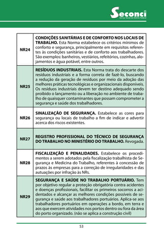 53 
Serviço Social do Distrito Federal 
NR24 
CONDIÇÕES SANITÁRIAS E DE CONFORTO NOS LOCAIS DE 
TRABALHO. Esta Norma estabelece os critérios mínimos de 
conforto e segurança, principalmente em requisitos referen-tes 
às condições sanitárias e de conforto aos trabalhadores. 
São exemplos: banheiros, vestiários, refeitórios, cozinhas, alo-jamentos 
e água potável, entre outros. 
NR25 
RESÍDUOS INDUSTRIAIS. Esta Norma trata do descarte dos 
resíduos industriais e a forma correta de fazê-lo, buscando 
a redução da geração de resíduos por meio da adoção das 
melhores práticas tecnológicas e organizacionais disponíveis. 
Os resíduos industriais devem ter destino adequado sendo 
proibido o lançamento ou a liberação no ambiente de traba-lho 
de quaisquer contaminantes que possam comprometer a 
segurança e saúde dos trabalhadores. 
NR26 
SINALIZAÇÃO DE SEGURANÇA. Estabelece as cores para 
segurança ou locais de trabalho a fim de indicar e advertir 
acerca dos riscos existentes. 
NR27 REGISTRO PROFISSIONAL DO TÉCNICO DE SEGURANÇA 
DO TRABALHO NO MINISTÉRIO DO TRABALHO. Revogada. 
NR28 
FISCALIZAÇÃO E PENALIDADES. Estabelece os procedi-mentos 
a serem adotados pela fiscalização trabalhista de Se-gurança 
e Medicina do Trabalho, referentes à concessão de 
prazos às empresas para a correção de irregularidades e das 
autuações por infração às NRs. 
NR29 
SEGURANÇA E SAÚDE NO TRABALHO PORTUÁRIO. Tem 
por objetivo regular a proteção obrigatória contra acidentes 
e doenças profissionais, facilitar os primeiros socorros a aci-dentados 
e alcançar as melhores condições possíveis de se-gurança 
e saúde aos trabalhadores portuários. Aplica-se aos 
trabalhadores portuários em operações a bordo, em terra e 
aos que exercem atividades nos portos dentro ou fora da área 
do porto organizado. (não se aplica a construção civil) 
 