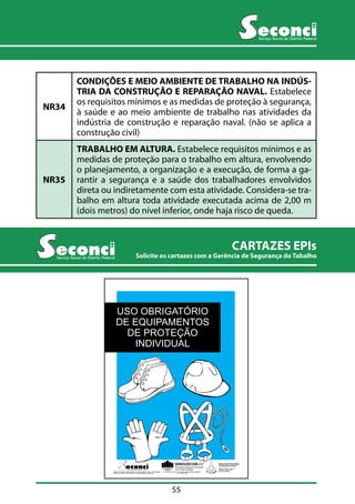 USO OBRIGATÓRIO 
DE EQUIPAMENTOS 
DE PROTEÇÃO 
INDIVIDUAL 
55 
Serviço Social do Distrito Federal 
NÃO É RECOMENDADO 
UTILIZAR O CELULAR 
NOS CANTEIROS 
SINDUSCON-DF 
Sindicato da Indústria da Construção 
Civil do Distrito Federal 
SIA Trecho 02- Lote 1.125 - 2º Andar - CEP 71200-020 - Brasília-DF 
Fone: (61) 234-8310 
SINDICATO DOS TRABALHADORES 
NAS INDÚSTRIAS DA CONSTRUÇÃO 
E DO MOBILIÁRIO DE BRASÍLIA 
SCRN Qd. 706/707 - Bloco B 
Entrada 12 - Brasília - DF 
Serviço Social do Distrito Federal 
SCS Qd. 08 - Bl. B50 - Salas 810 à 844 - Ed. Venâncio 2000 - 8º andar - CEP 70333-900 Fone: (61) 349-2165 
Telefone: 3213-2288 - Fax: 3213-2298 - E-mail: seconci@seconci-df.org.br 
NR34 
CONDIÇÕES E MEIO AMBIENTE DE TRABALHO NA INDÚS-TRIA 
DA CONSTRUÇÃO E REPARAÇÃO NAVAL. Estabelece 
os requisitos mínimos e as medidas de proteção à segurança, 
à saúde e ao meio ambiente de trabalho nas atividades da 
indústria de construção e reparação naval. (não se aplica a 
construção civil) 
NR35 
TRABALHO EM ALTURA. Estabelece requisitos mínimos e as 
medidas de proteção para o trabalho em altura, envolvendo 
o planejamento, a organização e a execução, de forma a ga-rantir 
a segurança e a saúde dos trabalhadores envolvidos 
direta ou indiretamente com esta atividade. Considera-se tra-balho 
em altura toda atividade executada acima de 2,00 m 
(dois metros) do nível inferior, onde haja risco de queda. 
CARTAZES EPIs 
Serviço Social do Distrito Federal Solicite os cartazes com a Gerência de Segurança do Tabalho 
 