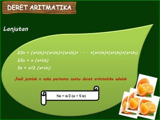 Jiadi jumlah n suku pertama suatu deret aritmatika adalah
Lanjutan
2Sn = (a+Un)+(a+Un)+(a+Un)+ . . . +(a+Un)+(a+Un)+(a+Un)
2Sn = n (a+Un)
Sn = n/2 (a+Un)
Sn = n/2 (a + Un)
 