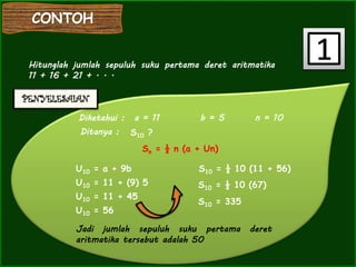 ooooooooooooooooooooooooo
ooooo
Hitunglah jumlah sepuluh suku pertama deret aritmatika
11 + 16 + 21 + . . .
a = 11 b = 5 n = 10Diketahui :
Ditanya : S10 ?
U10 = a + 9b
U10 = 11 + (9) 5
U10 = 11 + 45
U10 = 56
Sn = ½ n (a + Un)
S10 = ½ 10 (11 + 56)
S10 = ½ 10 (67)
S10 = 335
Jadi jumlah sepuluh suku pertama deret
aritmatika tersebut adalah 50
 