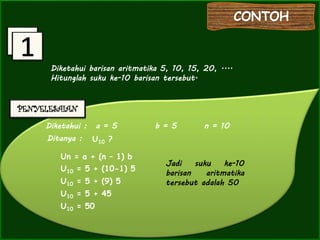 ooooooooooooooooooooooooo
ooooo
Diketahui barisan aritmatika 5, 10, 15, 20, ....
Hitunglah suku ke-10 barisan tersebut.
a = 5 b = 5 n = 10
Jadi suku ke-10
barisan aritmatika
tersebut adalah 50
Diketahui :
Ditanya : U10 ?
Un = a + (n – 1) b
U10 = 5 + (10-1) 5
U10 = 5 + (9) 5
U10 = 5 + 45
U10 = 50
 