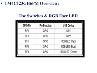 • TM4C123GH6PM Overview:
Use Switches & RGB User LED
 
