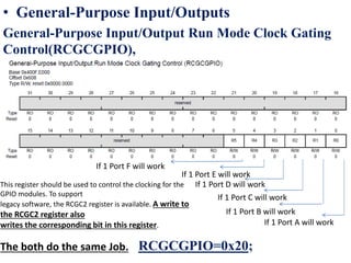 • General-Purpose Input/Outputs
General-Purpose Input/Output Run Mode Clock Gating
Control(RCGCGPIO),
RCGCGPIO=0x20;
If 1 Port A will work
If 1 Port B will work
If 1 Port C will work
If 1 Port D will work
If 1 Port E will work
If 1 Port F will work
If 1 USB0 will work
This register should be used to control the clocking for the
GPIO modules. To support
legacy software, the RCGC2 register is available. A write to
the RCGC2 register also
writes the corresponding bit in this register.
The both do the same Job.
 