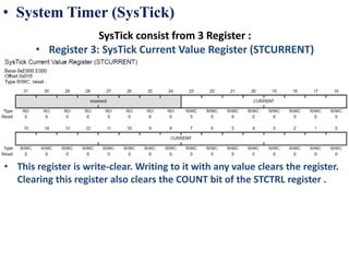 • System Timer (SysTick)
SysTick consist from 3 Register :
• Register 3: SysTick Current Value Register (STCURRENT)
• The STRELOAD register specifies the start value to load into the SysTick
• This register is write-clear. Writing to it with any value clears the register.
Clearing this register also clears the COUNT bit of the STCTRL register .
 