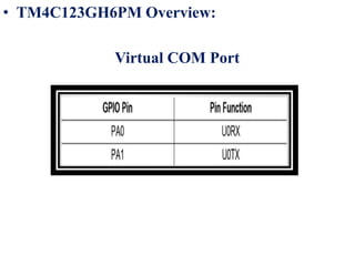 • TM4C123GH6PM Overview:
Virtual COM Port
 