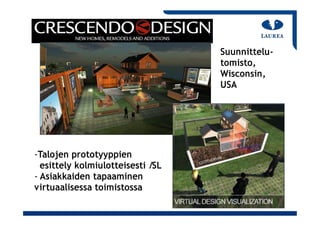 Suunnittelu‐
                                   tomisto,
                                   Wisconsin,
                                   USA




‐Talojen prototyyppien
  esittely kolmiulotteisesti /SL
‐ Asiakkaiden tapaaminen
virtuaalisessa toimistossa
 