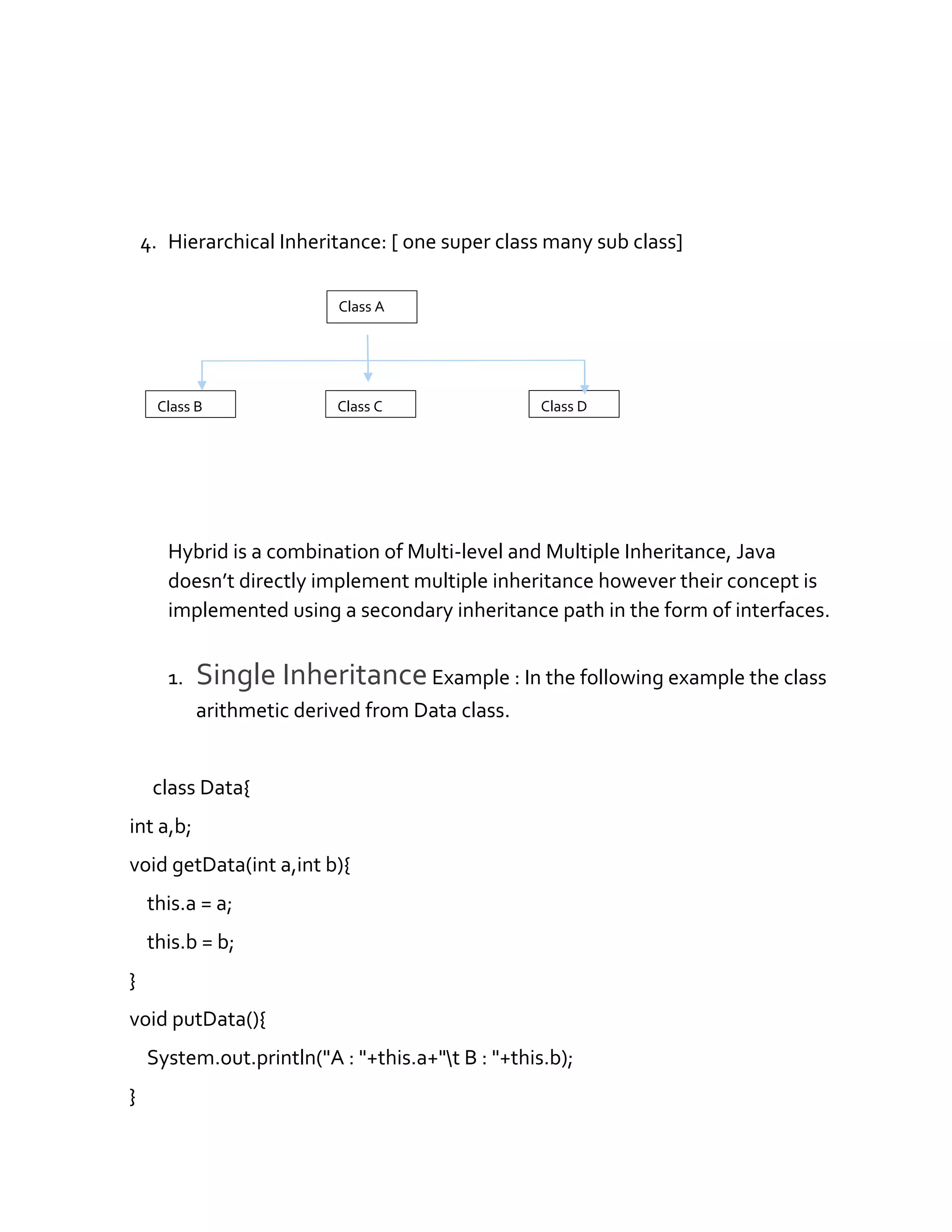 4. Hierarchical Inheritance: [ one super class many sub class]
Hybrid is a combination of Multi-level and Multiple Inheritance, Java
doesn’t directly implement multiple inheritance however their concept is
implemented using a secondary inheritance path in the form of interfaces.
1. Single InheritanceExample : In the following example the class
arithmetic derived from Data class.
class Data{
int a,b;
void getData(int a,int b){
this.a = a;
this.b = b;
}
void putData(){
System.out.println("A : "+this.a+"t B : "+this.b);
}
Class B Class C Class D
Class A
 