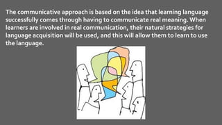 The communicative approach is based on the idea that learning language
successfully comes through having to communicate real meaning. When
learners are involved in real communication, their natural strategies for
language acquisition will be used, and this will allow them to learn to use
the language.
 
