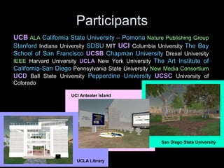 Participants UCI Anteater Island UCB   ALA   California State University – Pomona   Nature Publishing Group   Stanford  Indiana University  SDSU  MIT  UCI   Columbia University  The Bay School of San Francisco   UCSB   Chapman University  Drexel University  IEEE  Harvard University  UCLA  New York University  The Art Institute of California-San Diego  Pennsylvania State University  New Media Consortium   UCD  Ball State University  Pepperdine University   UCSC   University of Colorado UCLA Library San Diego State University 