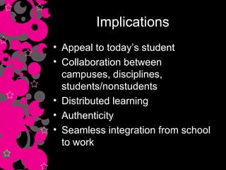 Implications Appeal to today’s student Collaboration between campuses, disciplines, students/nonstudents Distributed learning Authenticity Seamless integration from school to work 