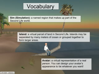 Avatar:  a virtual representation of a real person. You can design your avatar’s appearance to be whatever you want! Island:  a virtual parcel of land in Second Life. Islands may be separated by many meters of ocean or grouped together to form larger areas.  Vocabulary Sim (Simulation):  a named region that makes up part of the Second Life world.  UTD SOM – U2Katrina 